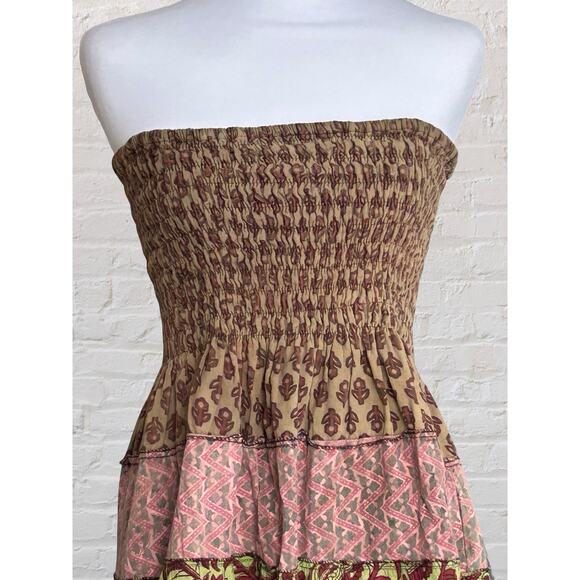 Culture Shop Brown Boho Patchwork Smoked Strapless Dress Sz L Bohemian Hippie - Picture 4 of 9